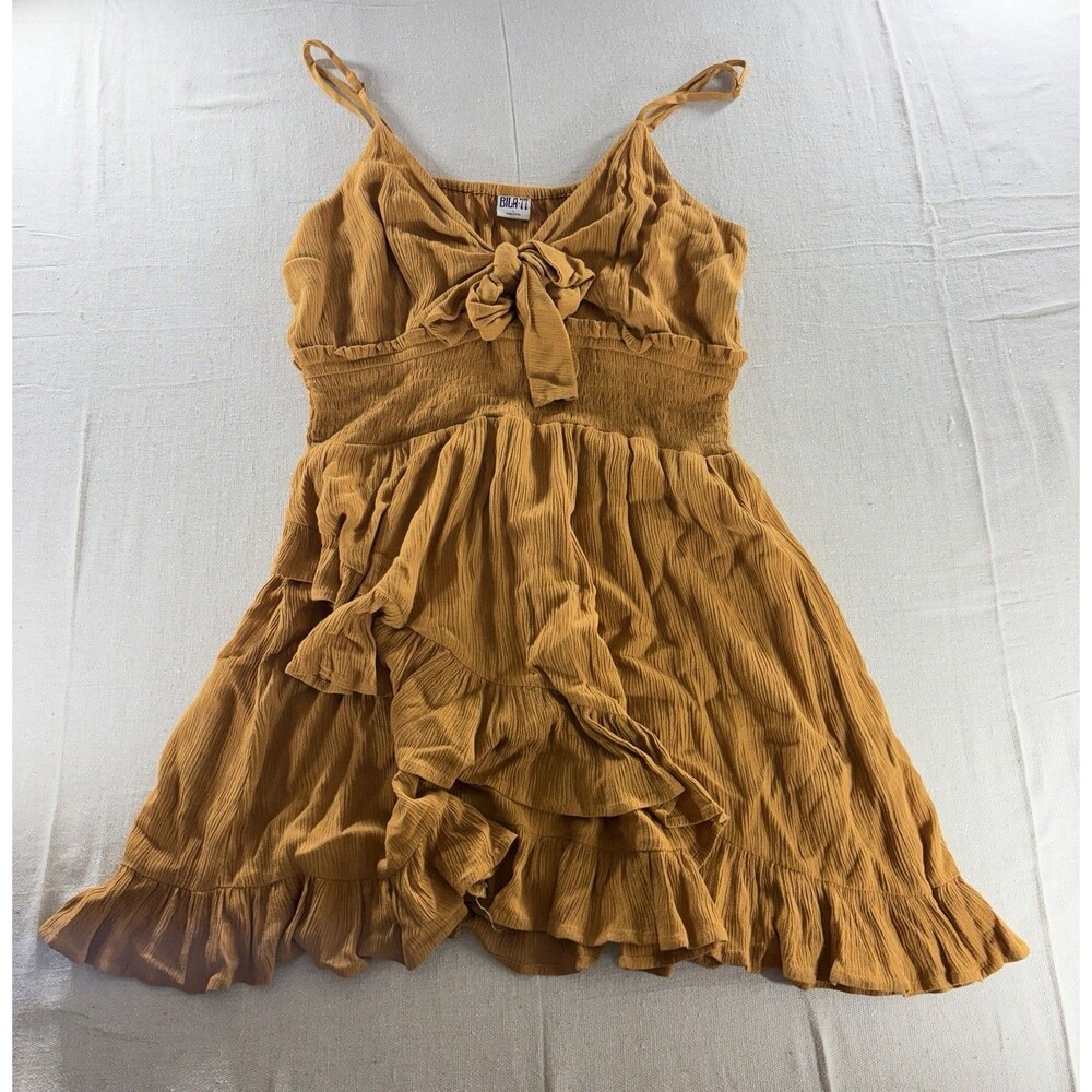Bila 77 Mustard Yellow Boho Ruffle Mini Dress Smocked Tie Front - Size L